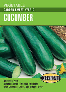 Visuel officiel de Cornucopia associé aux semences de Concombre ‘Garden Sweet’, référence CS154. Cette référence propose un concombre hybride nommé Garden Sweet. Il se cultive au potager pendant la saison chaude et se récolte régulièrement pour profiter de fruits tendres. Cette image accompagne la fiche de cette sélection et permet de repérer le produit correspondant dans le catalogue de semences.