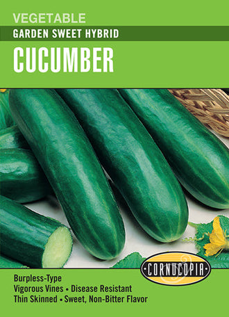 Visuel officiel de Cornucopia associé aux semences de Concombre ‘Garden Sweet’, référence CS154. Cette référence propose un concombre hybride nommé Garden Sweet. Il se cultive au potager pendant la saison chaude et se récolte régulièrement pour profiter de fruits tendres. Cette image accompagne la fiche de cette sélection et permet de repérer le produit correspondant dans le catalogue de semences.