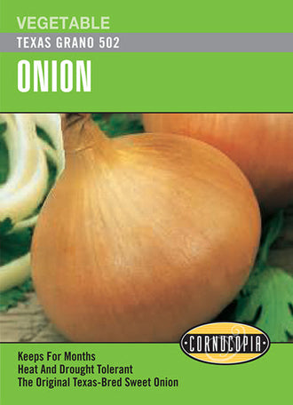 Visuel officiel de Cornucopia associé aux semences d’Oignon ‘Texas Grano 502’, référence CS162. Cet oignon de jours courts forme de gros bulbes à la saveur douce. Il est destiné principalement aux régions méridionales; son comportement doit être considéré en fonction de la latitude. Le semencier annonce une maturité autour de 170 jours.