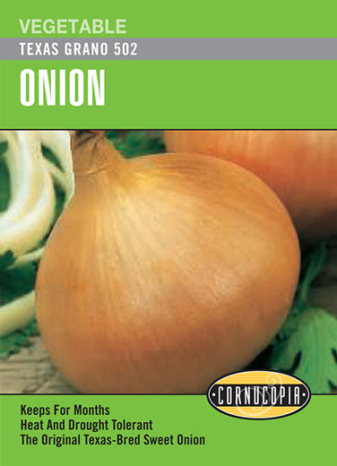 Visuel officiel de Cornucopia associé aux semences d’Oignon ‘Texas Grano 502’, référence CS162. Cet oignon de jours courts forme de gros bulbes à la saveur douce. Il est destiné principalement aux régions méridionales; son comportement doit être considéré en fonction de la latitude. Le semencier annonce une maturité autour de 170 jours.