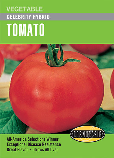 Visuel officiel de Cornucopia associé aux semences de Tomate ‘Celebrity’, référence CS183. Les fruits d’environ 225 g (8 oz) résistent à la fissuration selon le semencier. Cet hybride possède un port déterminé et convient à différents usages culinaires. La récolte est annoncée autour de 70 jours après le repiquage. Cette image accompagne la fiche de cette sélection et permet de repérer le produit correspondant dans le catalogue de semences.