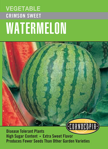 Visuel officiel de Cornucopia associé aux semences de Melon d’eau ‘Crimson Sweet’, référence CS186. Les fruits ronds à peau vert foncé possèdent une chair sucrée et peuvent atteindre environ 11 kg (25 lb). Le semencier annonce une maturité autour de 85 jours. Cette image accompagne la fiche de cette sélection et permet de repérer le produit correspondant dans le catalogue de semences.