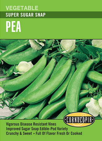 Visuel officiel de Cornucopia associé aux semences de Pois croquant ‘Super Sugar Snap’, référence CS196. Les gousses charnues, croquantes et sucrées se consomment entières, fraîches ou cuites. La récolte commence lorsque les grains ont commencé à se former sans durcir. Le semencier annonce une production autour de 66 jours. Cette image accompagne la fiche de cette sélection et permet de repérer le produit correspondant dans le catalogue de semences.
