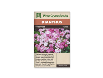 Sachet Sweetness de West Coast Seeds sur fond blanc. Une touffe dense porte des fleurs roses et blanches aux bords très découpés. Plusieurs ont un anneau rose foncé près du centre. De fines feuilles vertes apparaissent entre les fleurs. Le bandeau orangé indique Dianthus, puis la bande brune porte Sweetness et la référence FL2058.
