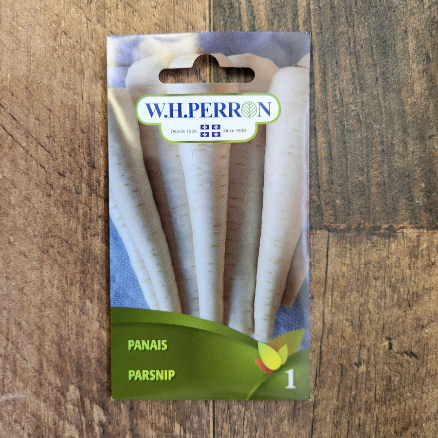 Sachet de semences W.H. Perron : Panais (Pastinaca sativa). L’emballage présente le nom de la sélection et une illustration de la plante ou de la récolte. Cette photographie montre la face avant du sachet, avec les renseignements imprimés visibles et les éléments graphiques qui permettent de reconnaître le produit parmi les autres semences de la gamme.