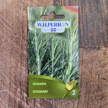 Sachet de semences W.H. Perron : Romarin (Salvia rosmarinus). L’emballage présente le nom de la sélection et une illustration de la plante ou de la récolte. Cette photographie montre la face avant du sachet, avec les renseignements imprimés visibles et les éléments graphiques qui permettent de reconnaître le produit parmi les autres semences de la gamme.