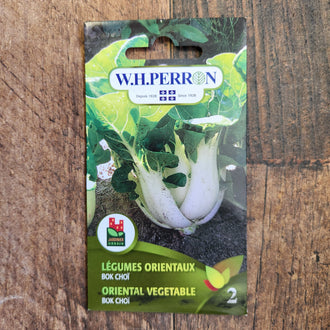 Sachet de semences W. H. Perron : Légumes orientaux (Brassica rapa subsp. chinensis 'Bok-choï'). L'emballage présente le nom de la sélection et une illustration de la plante ou de la récolte. Cette photographie montre la face avant du sachet, avec les renseignements imprimés visibles et les éléments graphiques qui permettent de reconnaître le produit parmi les autres semences de la gamme.