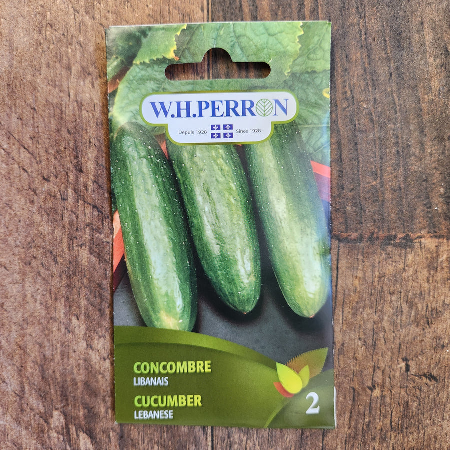 Sachet de semences W.H. Perron : Concombre libanais (Cucumis sativus). L’emballage présente le nom de la sélection et une illustration de la plante ou de la récolte. Cette photographie montre la face avant du sachet, avec les renseignements imprimés visibles et les éléments graphiques qui permettent de reconnaître le produit parmi les autres semences de la gamme.