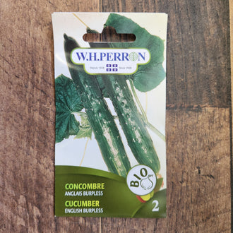 Sachet de semences W. H. Perron : Concombre anglais bio (Cucumis sativus 'Burpless'). L'emballage présente le nom de la sélection et une illustration de la plante ou de la récolte. Cette photographie montre la face avant du sachet, avec les renseignements imprimés visibles et les éléments graphiques qui permettent de reconnaître le produit parmi les autres semences de la gamme.