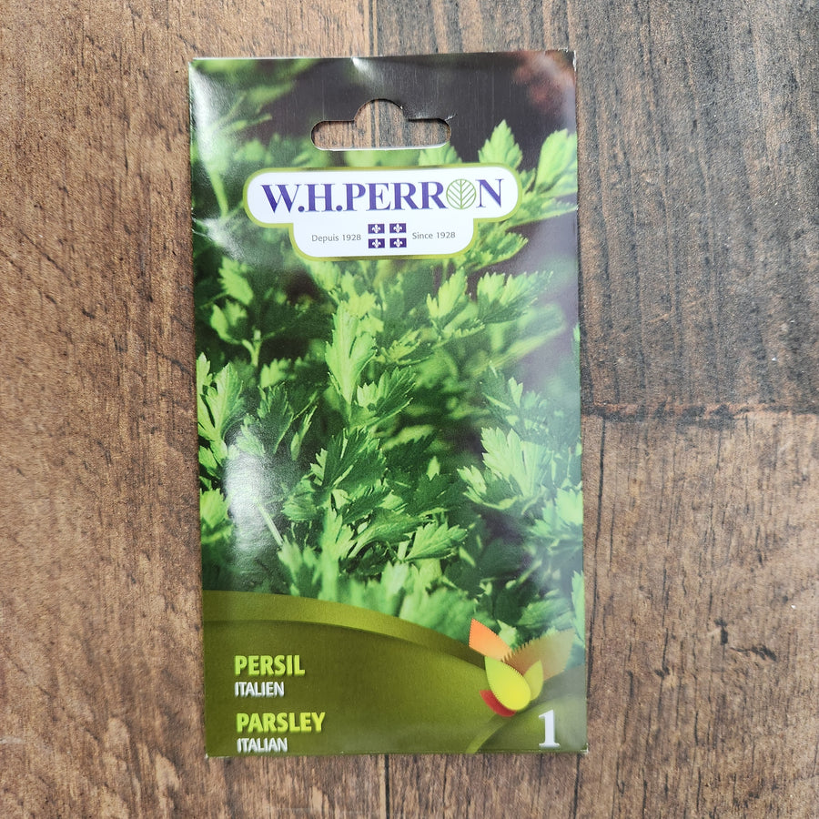 Sachet de semences W.H. Perron : Persil Italien (Petroselinum crispum var. neapolitanum). L’emballage présente le nom de la sélection et une illustration de la plante ou de la récolte. Cette photographie montre la face avant du sachet, avec les renseignements imprimés visibles et les éléments graphiques qui permettent de reconnaître le produit parmi les autres semences de la gamme.