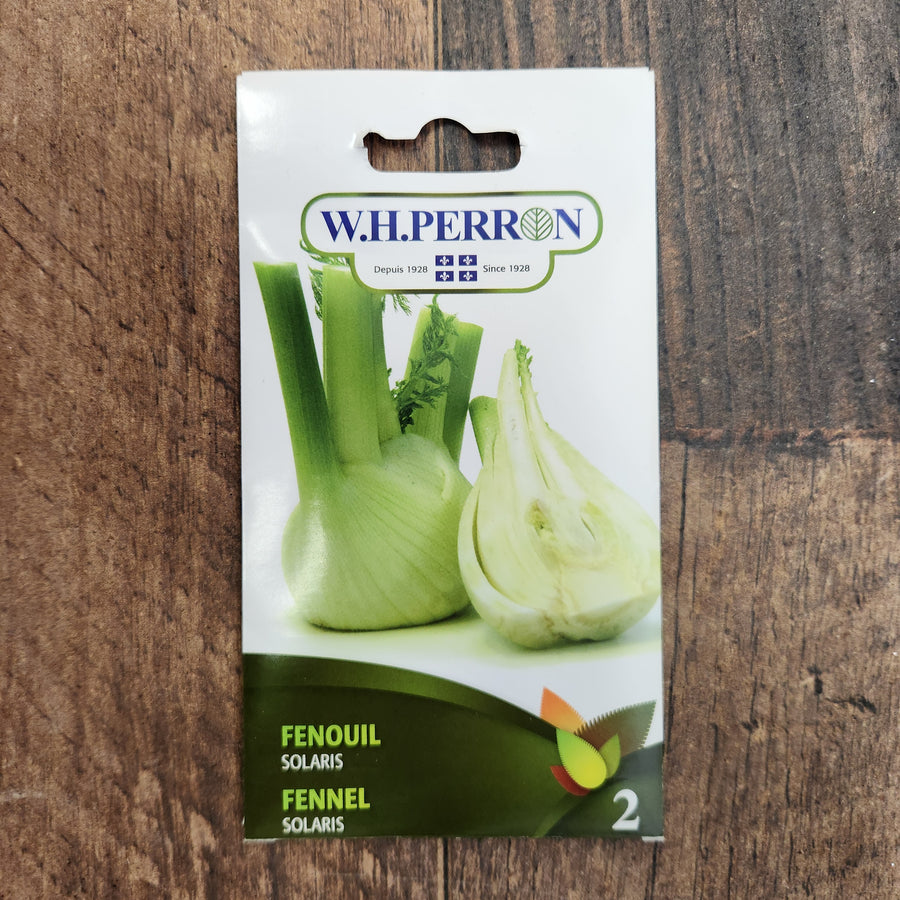 Sachet de semences W.H. Perron : Fenouil (Foeniculum vulgare ‘Dragon’). L’emballage présente le nom de la sélection et une illustration de la plante ou de la récolte. Cette photographie montre la face avant du sachet, avec les renseignements imprimés visibles et les éléments graphiques qui permettent de reconnaître le produit parmi les autres semences de la gamme.