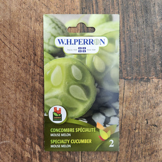 Sachet de semences W. H. Perron : Concombre (Melothria scabra 'Mouse Melon'). L'emballage présente le nom de la sélection et une illustration de la plante ou de la récolte. Cette photographie montre la face avant du sachet, avec les renseignements imprimés visibles et les éléments graphiques qui permettent de reconnaître le produit parmi les autres semences de la gamme.