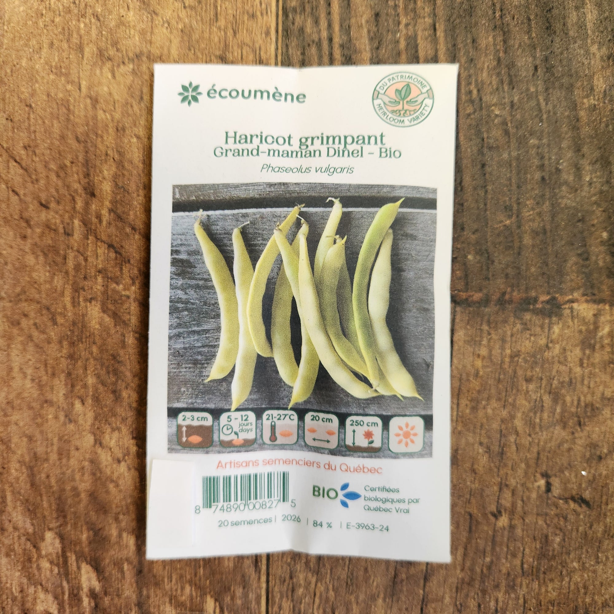 Organic climbing bean 'Grand-Maman Dinel'