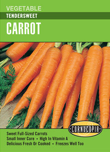Visuel officiel de Cornucopia associé aux semences de Carotte ‘Tendersweet’, référence CS203. Les racines longues et fines atteignent environ 20 à 25 cm (8 à 10 po). Leur chair orange soutenu est croquante, douce et présente un cœur peu marqué. Le semencier annonce une récolte autour de 70 jours. Cette image accompagne la fiche de cette sélection et permet de repérer le produit correspondant dans le catalogue de semences.