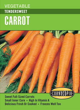 Visuel officiel de Cornucopia associé aux semences de Carotte ‘Tendersweet’, référence CS203. Les racines longues et fines atteignent environ 20 à 25 cm (8 à 10 po). Leur chair orange soutenu est croquante, douce et présente un cœur peu marqué. Le semencier annonce une récolte autour de 70 jours. Cette image accompagne la fiche de cette sélection et permet de repérer le produit correspondant dans le catalogue de semences.