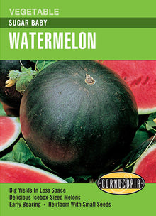 Visuel officiel de Cornucopia associé aux semences de Melon d’eau ‘Sugar Baby’, référence CS205. Les tiges compactes portent des fruits d’environ 15 à 20 cm (6 à 8 po), pouvant atteindre environ 4,5 kg (10 lb). Leur chair est sucrée. La maturité annoncée est d’environ 73 jours. Cette image accompagne la fiche de cette sélection et permet de repérer le produit correspondant dans le catalogue de semences.