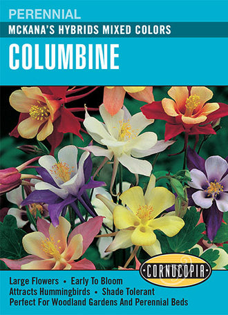 Visuel officiel de Cornucopia associé aux semences d’Ancolie McKana’s Mixed Colors, référence CS206. Les grandes fleurs à longs éperons présentent des tons jaunes, roses, rouges, bleus et pourpres, parfois bicolores. Le feuillage est bleu-vert. Les plantes atteignent environ 75 cm (30 po). Cette image accompagne la fiche de cette sélection et permet de repérer le produit correspondant dans le catalogue de semences.