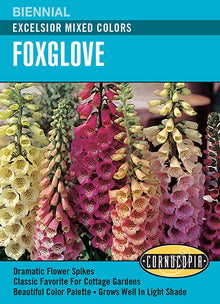 Visuel officiel de Cornucopia associé aux semences de Digitale Excelsior, référence CS207. Ce mélange propose des digitales de différentes couleurs sous le nom Excelsior. Les hampes fleuries apportent une présence verticale aux plantations ornementales. Cette image accompagne la fiche de cette sélection et permet de repérer le produit correspondant dans le catalogue de semences.