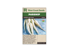 Sachet West Coast Seeds Tender and True montrant cinq longs panais blancs sur une surface de pierre gris bleuté. Les racines sont légèrement courbées et portent de petits filaments fins. Leurs épaules claires sont regroupées vers le haut. Le nom de la variété figure dans le bandeau brun, avec un logo biologique.