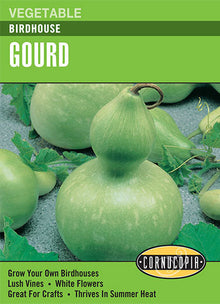 Visuel officiel de Cornucopia associé aux semences de Calebasse Birdhouse, référence CS211. Cette référence propose une calebasse destinée aux usages décoratifs. La culture demande de l’espace et une saison chaude pour permettre aux fruits de se développer puis de mûrir. Cette image accompagne la fiche de cette sélection et permet de repérer le produit correspondant dans le catalogue de semences.