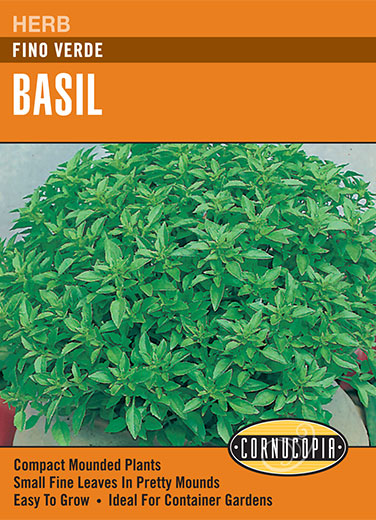 Visuel officiel de Cornucopia associé aux semences de Basilic ‘Fino Verde’, référence CS216. Cette référence propose le basilic Fino Verde. Les feuilles aromatiques se récoltent progressivement pour les préparations culinaires, en pinçant les tiges au-dessus d’une paire de feuilles. Cette image accompagne la fiche de cette sélection et permet de repérer le produit correspondant dans le catalogue de semences.