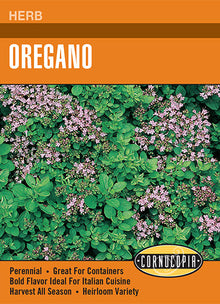 Visuel officiel de Cornucopia associé aux semences d’Origan, référence CS218. Les petites feuilles vert foncé possèdent un arôme soutenu. Des groupes de petites fleurs blanches ou pourprées apparaissent en saison. La plante peut être cultivée au soleil ou à la mi-ombre légère et convient aux contenants. Cette image accompagne la fiche de cette sélection et permet de repérer le produit correspondant dans le catalogue de semences.