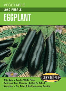 Visuel officiel de Cornucopia associé aux semences d’Aubergine ‘Japanese Long Purple’, référence CS245. Les fruits allongés pourpre foncé atteignent environ 25 à 30 cm (10 à 12 po). Leur peau est fine et leur chair contient relativement peu de graines. Le semencier annonce environ 75 jours après le repiquage. La référence appartient à la gamme Cornucopia.