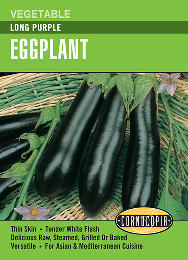 Visuel officiel de Cornucopia associé aux semences d’Aubergine ‘Japanese Long Purple’, référence CS245. Les fruits allongés pourpre foncé atteignent environ 25 à 30 cm (10 à 12 po). Leur peau est fine et leur chair contient relativement peu de graines. Le semencier annonce environ 75 jours après le repiquage. La référence appartient à la gamme Cornucopia.