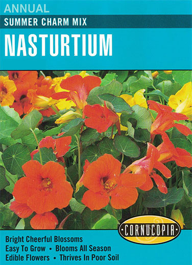Visuel officiel de Cornucopia associé aux semences de Capucine Summer Charm Mix, référence CS255. Ce mélange de capucines est proposé sous le nom Summer Charm Mix. Il permet de varier les couleurs des plantations saisonnières. Cette image accompagne la fiche de cette sélection et permet de repérer le produit correspondant dans le catalogue de semences.