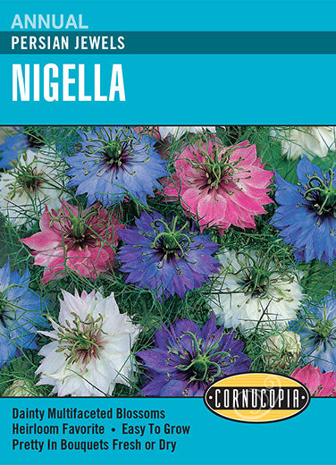 Visuel officiel de Cornucopia associé aux semences de Nigelle Persian Jewels, référence CS256. Les fleurs aux couleurs douces conviennent aux bordures et aux bouquets. Après la floraison, les capsules striées évoquent de petites lanternes. Elles peuvent être utilisées dans les compositions séchées. Cette image accompagne la fiche de cette sélection et permet de repérer le produit correspondant dans le catalogue de semences.