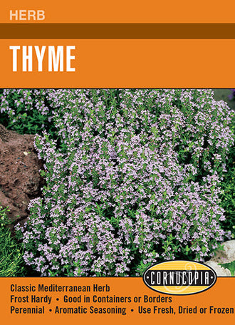 Visuel officiel de Cornucopia associé aux semences de Thym, référence CS258. Les petites feuilles aromatiques servent à assaisonner les légumes, les volailles et les viandes. Quelques rameaux peuvent être ajoutés aux préparations grillées. Cette plante trouve sa place dans un jardin d’herbes ou un contenant bien drainé. Cette image accompagne la fiche de cette sélection et permet de repérer le produit correspondant dans le catalogue de semences.