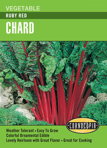 Visuel officiel de Cornucopia associé aux semences de Bette à carde ‘Ruby Red’, référence CS261. Les cardes écarlates accompagnent des feuilles vertes gaufrées aux nervures rouges. La plante possède un intérêt décoratif au potager comme dans les bordures. Les récoltes successives sont annoncées à partir d’environ 60 jours. Cette image accompagne la fiche de cette sélection et permet de repérer le produit correspondant dans le catalogue de semences.
