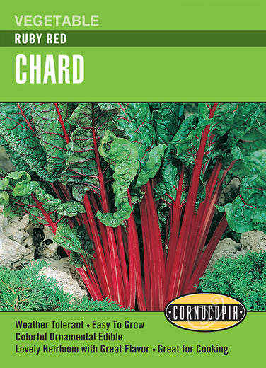 Visuel officiel de Cornucopia associé aux semences de Bette à carde ‘Ruby Red’, référence CS261. Les cardes écarlates accompagnent des feuilles vertes gaufrées aux nervures rouges. La plante possède un intérêt décoratif au potager comme dans les bordures. Les récoltes successives sont annoncées à partir d’environ 60 jours. Cette image accompagne la fiche de cette sélection et permet de repérer le produit correspondant dans le catalogue de semences.