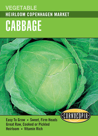 Visuel officiel de Cornucopia associé aux semences de Chou pommé ‘Copenhagen Market’, référence CS262. Cette variété ancienne possède une saveur douce. Ses feuilles conviennent à la salade de chou, à la cuisson à la vapeur et aux sautés. Le semencier annonce une maturité autour de 65 jours. Cette image accompagne la fiche de cette sélection et permet de repérer le produit correspondant dans le catalogue de semences.
