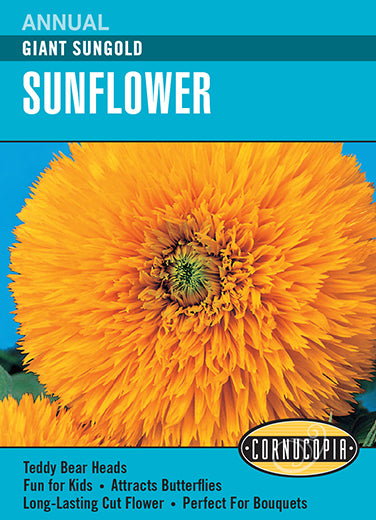 Visuel officiel de Cornucopia associé aux semences de Tournesol ‘Giant Sungold’, référence CS270. Cette référence propose la variété de tournesol Giant Sungold. Les plantes demandent de l’espace et une exposition lumineuse pour développer leur floraison. Cette image accompagne la fiche de cette sélection et permet de repérer le produit correspondant dans le catalogue de semences.