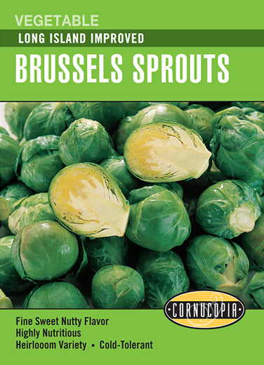 Visuel officiel de Cornucopia associé aux semences de Chou de Bruxelles ‘Long Island Improved’, référence CS276. Cette variété de chou de Bruxelles produit sa récolte le long d’une tige dressée. Les petits choux se cueillent lorsqu’ils sont fermes, en suivant leur développement sur la plante. Cette image accompagne la fiche de cette sélection et permet de repérer le produit correspondant dans le catalogue de semences.