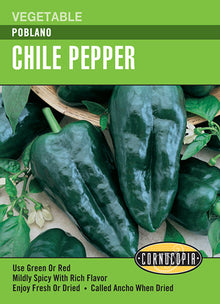 Visuel officiel de Cornucopia associé aux semences de Piment ‘Poblano’, référence CS282. Les fruits en forme de cœur possèdent une chair d’épaisseur moyenne et une saveur légèrement piquante. Ils conviennent aux farces et sont appelés anchos lorsqu’ils sont séchés. Le semencier annonce environ 80 jours après le repiquage. Cette image accompagne la fiche de cette sélection et permet de repérer le produit correspondant dans le catalogue de semences.