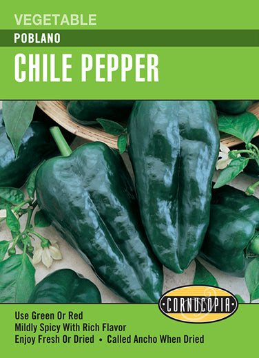 Visuel officiel de Cornucopia associé aux semences de Piment ‘Poblano’, référence CS282. Les fruits en forme de cœur possèdent une chair d’épaisseur moyenne et une saveur légèrement piquante. Ils conviennent aux farces et sont appelés anchos lorsqu’ils sont séchés. Le semencier annonce environ 80 jours après le repiquage. Cette image accompagne la fiche de cette sélection et permet de repérer le produit correspondant dans le catalogue de semences.