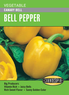 Visuel officiel de Cornucopia associé aux semences de Poivron ‘Canary Bell’, référence CS284. Les gros fruits passent du vert au jaune doré à maturité. Les plantes trapues portent des poivrons charnus destinés à la cuisine. Le semencier annonce environ 75 jours après le repiquage. Cette image accompagne la fiche de cette sélection et permet de repérer le produit correspondant dans le catalogue de semences.
