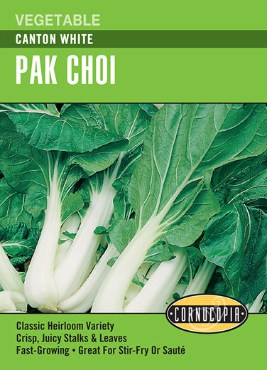 Visuel officiel de Cornucopia associé aux semences de Pak-choï ‘Canton White’, référence CS287. Les plantes en forme de vase portent des pétioles blancs charnus et des feuilles vert foncé. Leur saveur douce et leur texture croquante conviennent aux sautés rapides. Cette culture se développe rapidement pendant les périodes fraîches. Cette image accompagne la fiche de cette sélection et permet de repérer le produit correspondant dans le catalogue de semences.