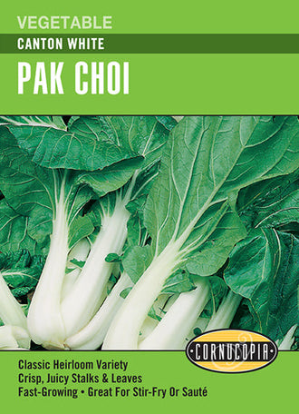 Visuel officiel de Cornucopia associé aux semences de Pak-choï ‘Canton White’, référence CS287. Les plantes en forme de vase portent des pétioles blancs charnus et des feuilles vert foncé. Leur saveur douce et leur texture croquante conviennent aux sautés rapides. Cette culture se développe rapidement pendant les périodes fraîches. Cette image accompagne la fiche de cette sélection et permet de repérer le produit correspondant dans le catalogue de semences.