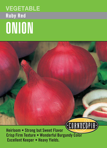 Visuel officiel de Cornucopia associé aux semences d’Oignon ‘Ruby Red’, référence CS288. Les gros bulbes rouges et arrondis possèdent une chair ferme et croquante. Cet oignon de jours intermédiaires présente une saveur soutenue avec une note douce. Le semencier annonce une aptitude à la conservation de plusieurs mois. Cette image accompagne la fiche de cette sélection et permet de repérer le produit correspondant dans le catalogue de semences.