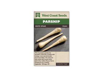 Sachet West Coast Seeds White Spear illustré de trois longs panais ivoire posés en diagonale sur une surface gris foncé. Leurs épaules sont larges et leurs extrémités fines. De petites marques brunes apparaissent sur la peau claire. Le nom de la sélection est inscrit dans le bandeau brun au-dessus de la photo.