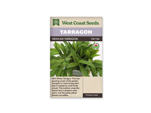 Sachet West Coast Seeds avec les mentions Tarragon et Mexican Tarragon. La photo montre des feuilles vertes, luisantes et allongées, regroupées sur plusieurs jeunes tiges dressées. Un logo biologique rond figure à droite de l’image. Le nom Tarragon apparaît sur un bandeau mauve, sous le logo vert de la marque et au-dessus du nom complet.