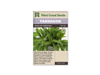 Sachet West Coast Seeds avec les mentions Tarragon et Mexican Tarragon. La photo montre des feuilles vertes, luisantes et allongées, regroupées sur plusieurs jeunes tiges dressées. Un logo biologique rond figure à droite de l’image. Le nom Tarragon apparaît sur un bandeau mauve, sous le logo vert de la marque et au-dessus du nom complet.