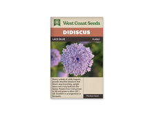 Sachet Lace Blue de West Coast Seeds sur fond blanc. Une ombelle ronde de petites fleurs lilas est vue de près, avec des points pâles et un centre plus foncé. D’autres fleurs floues se voient sur le fond vert. Le bandeau orangé indique Didiscus; la bande brune porte Lace Blue et la référence FL4061.