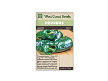 Sachet West Coast Seeds de piment Ancho avec bandeau vert et nom sur une ligne foncée. La photo présente plusieurs fruits verts très foncés, larges et brillants, posés sur une surface de bois clair. Leurs épaules sont arrondies et leurs extrémités se rétrécissent. Le texte descriptif apparaît dans la partie beige au bas du sachet.