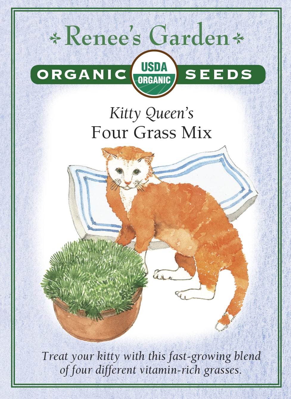 Visuel officiel de Renee's Garden associé aux semences de Graminées en mélange pour chats, référence RN3001. Ce mélange biologique contient à parts égales du seigle, de l’avoine, de l’orge et du blé. Le semencier le propose pour produire de jeunes pousses en pot, destinées notamment aux chats. Les quatre céréales germent et développent un tapis de feuilles. Il ne s’agit pas de la cataire aromatique.