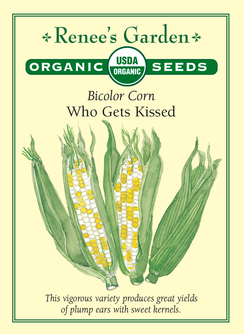 Visuel officiel de Renee's Garden pour les semences « Maïs sucré ‘Who Gets Kissed’ », référence RN3005. Ce maïs sucré bicolore produit des épis bien garnis de grains jaunes et blancs. Le semencier le décrit comme précoce et productif. Les grains offrent une texture tendre, et leur douceur se maintient un certain temps après la récolte. Il s’agit d’un maïs destiné à être récolté frais, au stade convenant à la consommation des épis.