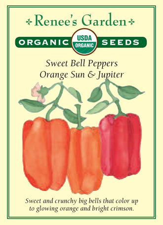 Visuel officiel de Renee's Garden pour les semences « Poivrons en mélange Orange et Red Bell », référence RN3007. Cette référence biologique réunit des poivrons dont les fruits mûrs deviennent orange ou rouge vif. Le semencier décrit une texture croquante et des plants vigoureux portant tôt leurs fruits. Les couleurs correspondent à des composantes différentes du mélange. Les poivrons peuvent être utilisés dans les salades et les préparations cuites.